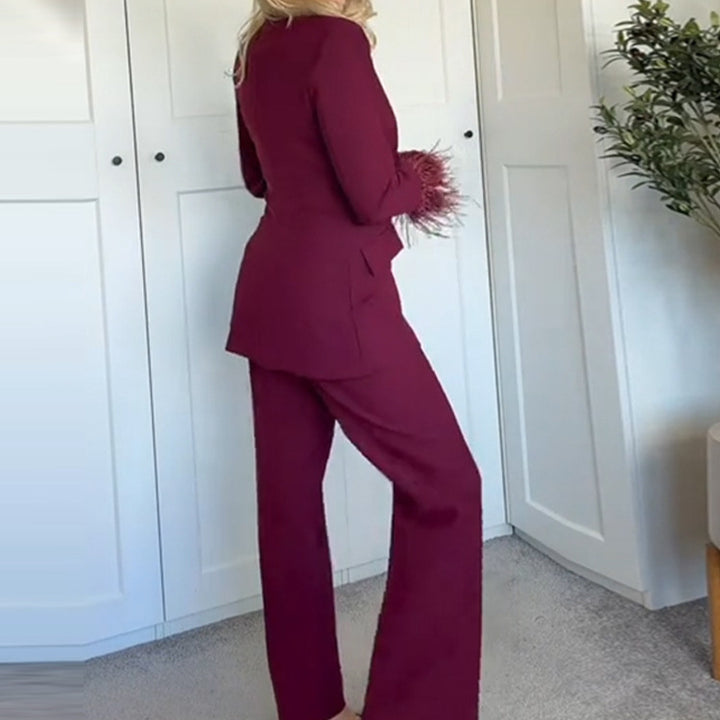 Dame elegant bred jakke sæt bukser med sidelommer og høj talje Skovae