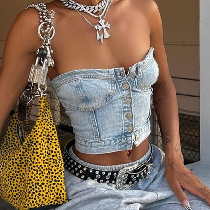 Dame Denim-Crop-Top med strikket overtræk Skovae