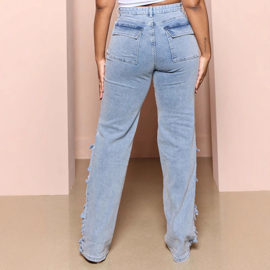 Dame Cargo-jeans med frynset detaljer og modige revner Stilla