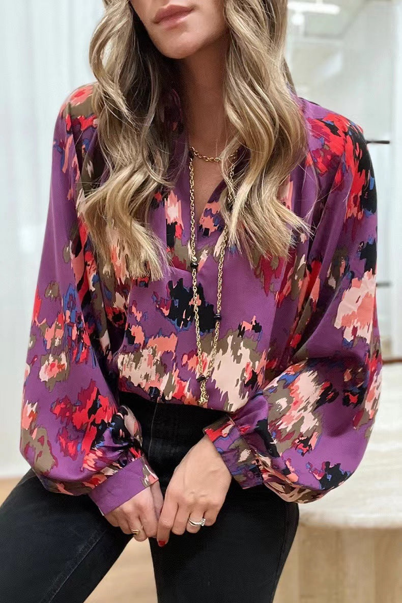 Dame elegant bluse med farverigt mønster og løse ærmer Stilla