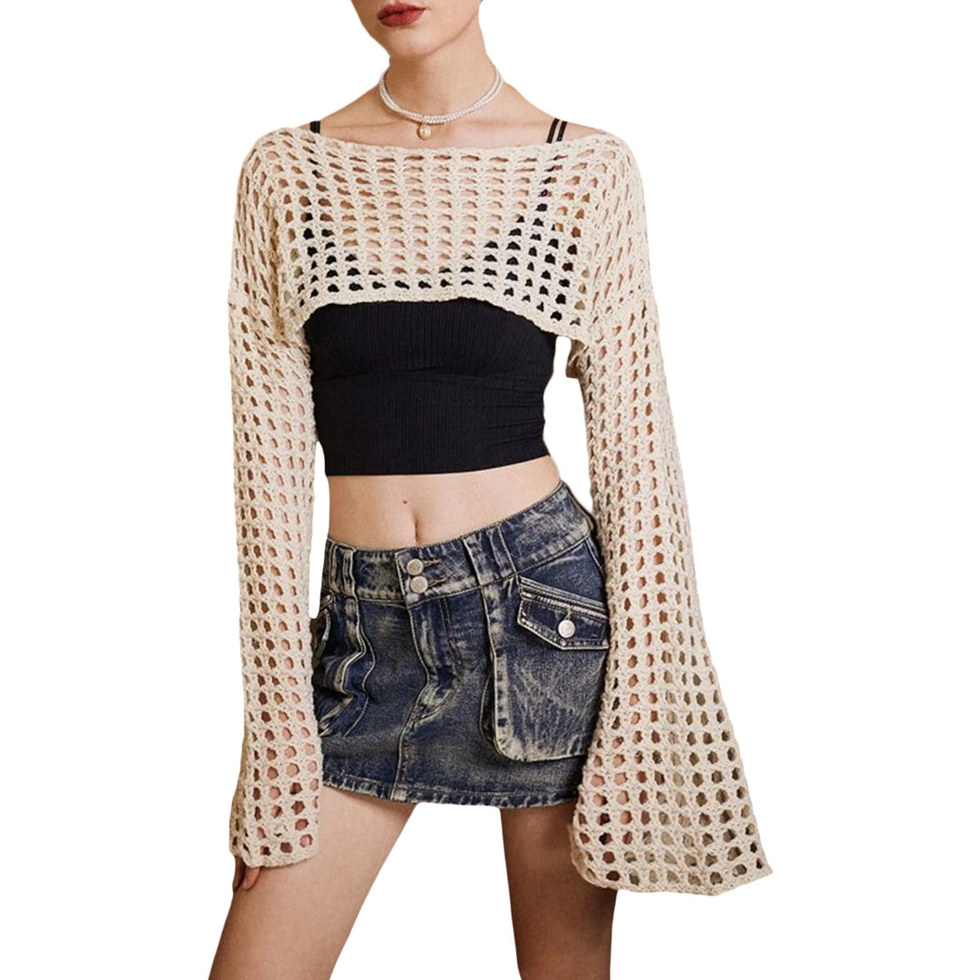Damer luftig hæklede crop-top med lange ærmer Skovae