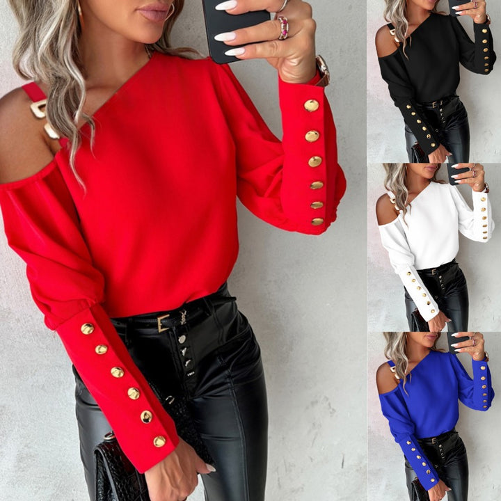 Dame Off-Shoulder Bluse med elegante knapdetaljer og voluminøse ærmer Stilla