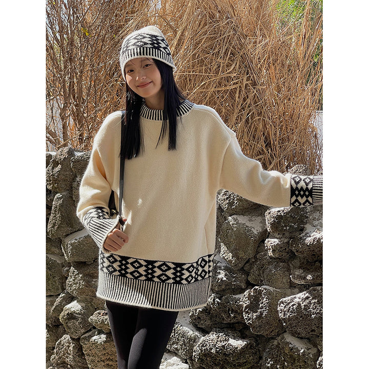 Dame Oversized Strikpullover med geometrisk mønster og høj krave Stilla
