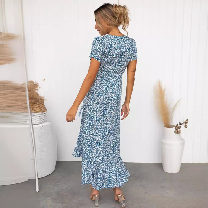 Dame Floral Vige-Midi-Kjole med bundet Taljedetalje Stilla