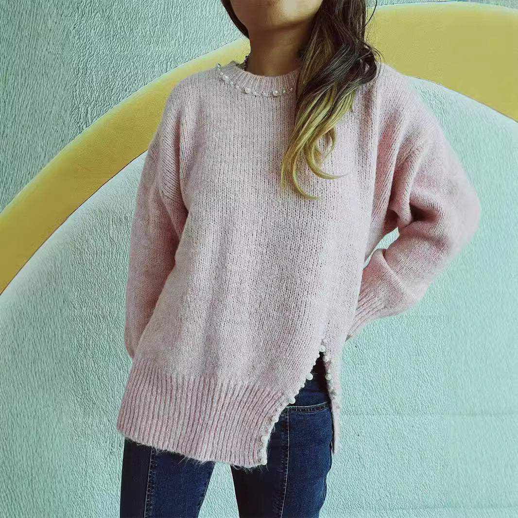 Dame hyggesweater med delikat perledekorering Stilla
