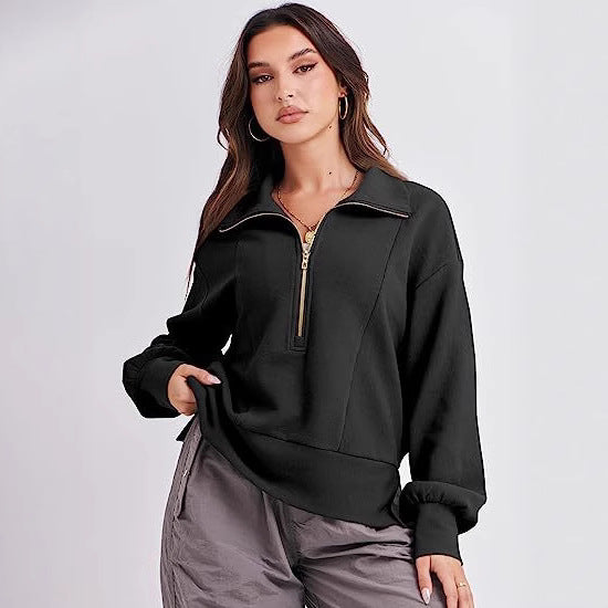 Dame Sporty Hoodie med høj krave og halvmolekylær lynlås Stiila