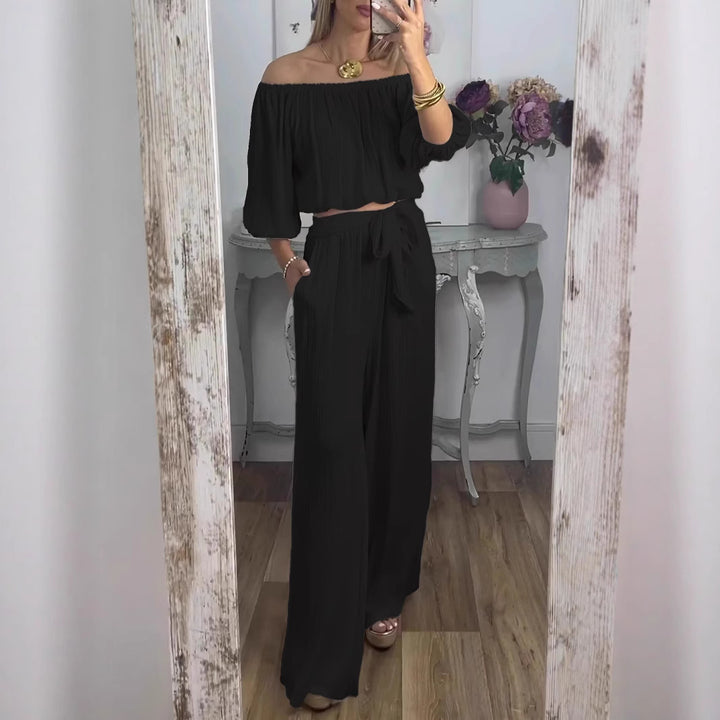 Dame Elegant To-delt Sæt med bred bukse stil og off-shoulder top Stilla
