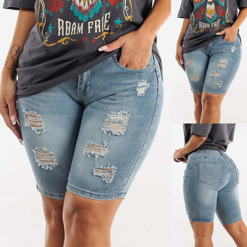 Dame Høj taljede Denim Shorts med moderne Distressed-detaljer og elastisk kant Stilla