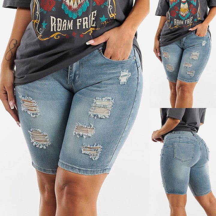 Dame Høj taljede Denim Shorts med moderne Distressed-detaljer og elastisk kant Stilla
