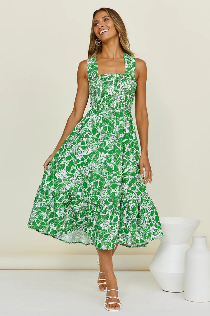 Femme Floral Smocked Maxi Kjole Stilla
