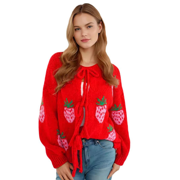 Kvinders strikkede sweater med dejligt jordbærmotiv og ballonærmer Stilla
