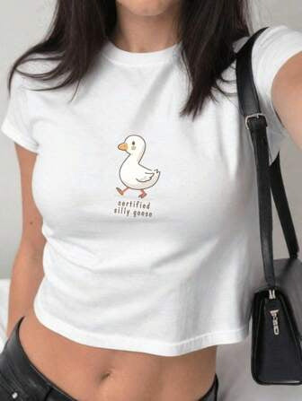Dame figursyet kortærmet T-shirt med legesygt tryk Skovae