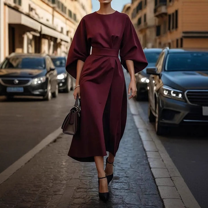 Dame elegant Maxikjole med oversized ærmer og tætsiddende bælte Stilla