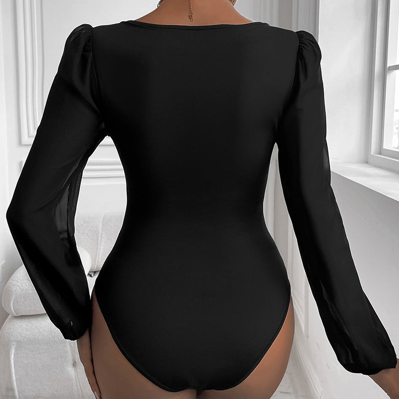 Dame Elegant Bodystocking med romantiske pufærmer og V-udskæring Stilla