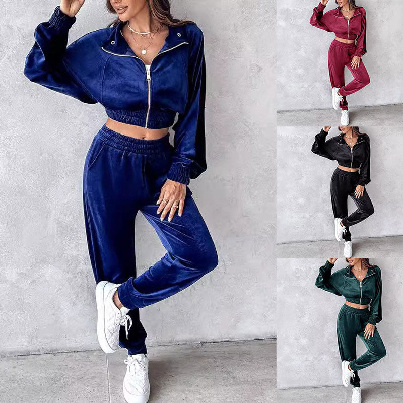 Dame Sporty Velours-Sæt med Cropped-Jakke og Joggingbukser Stilla