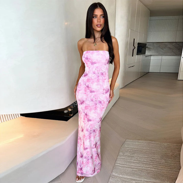 Dame Elegant Bandeau-Maxi-Kjole med blomstret design Skovae