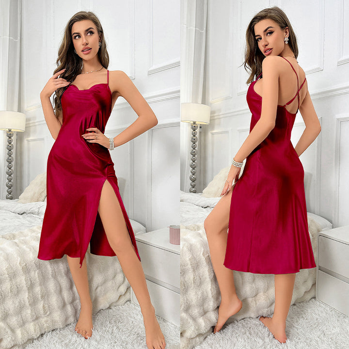 Dame elegant satin natkjole med dyb slids og justerbare spaghetti stropper Stilla
