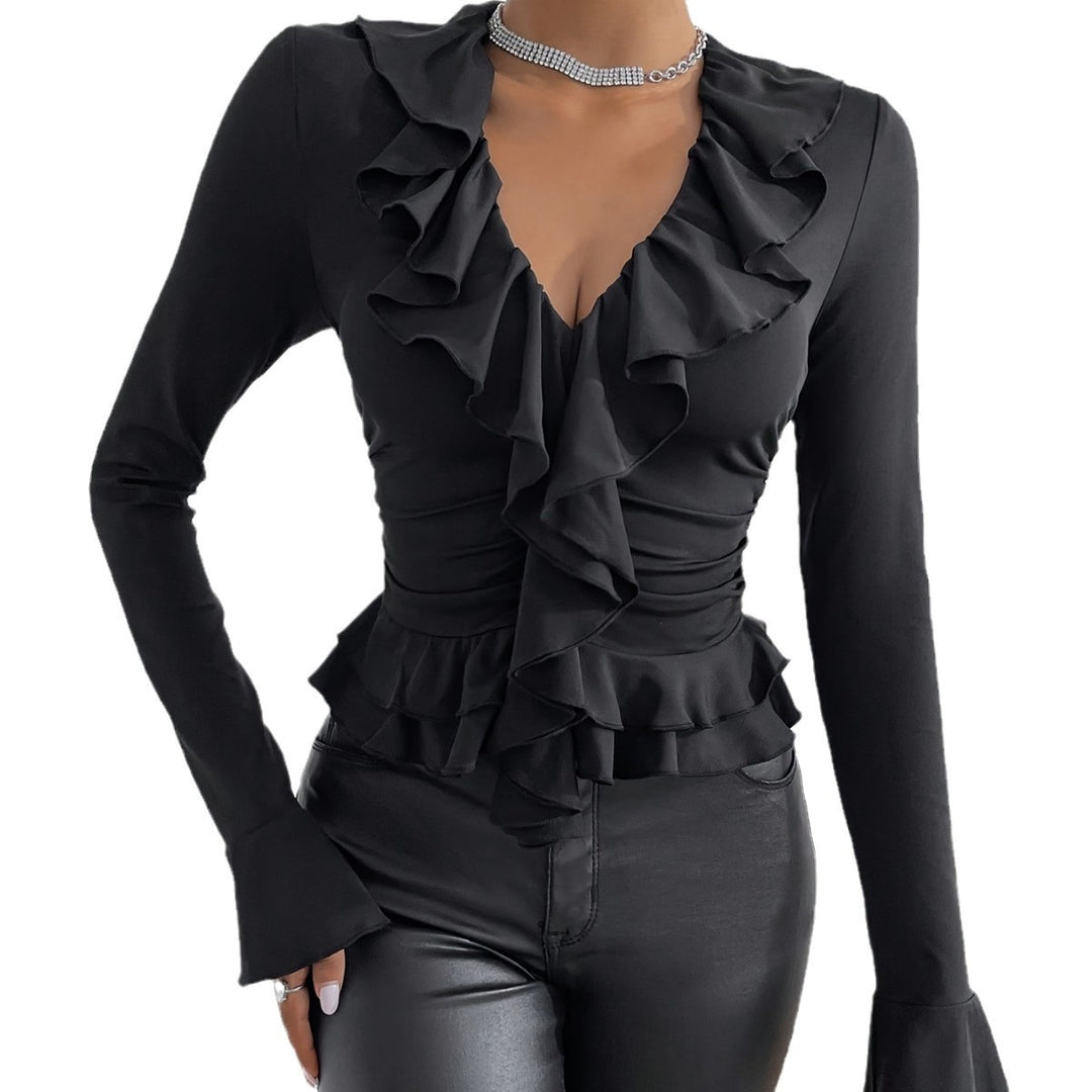 Dame elegant bluse med flydende flæsekant Stilla
