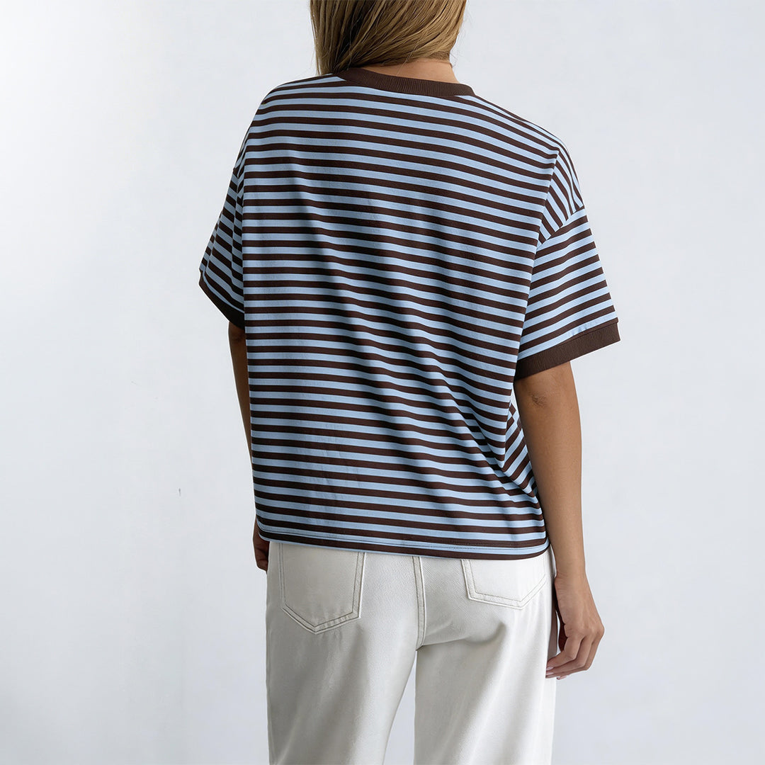 Dame Oversized Stribet T-shirt med Korte Ærmer og Rund Halsudskæring Skovae