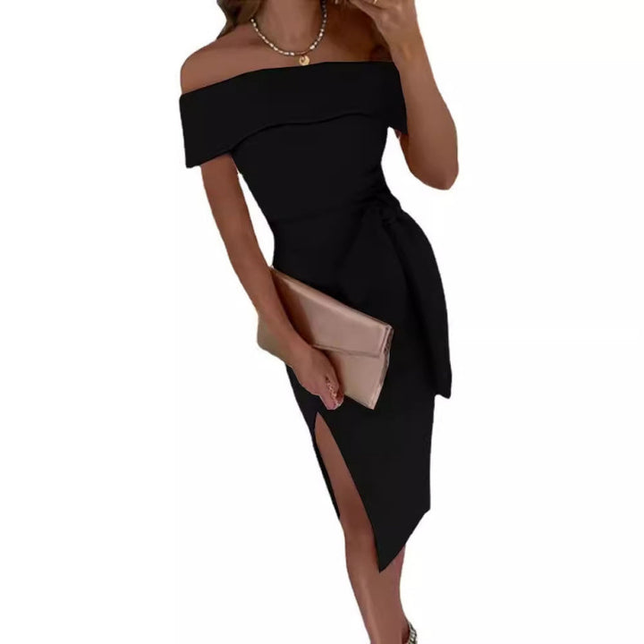 Dame Elegant Off-Shoulder Midi Kjole med Bindebælte Stilla