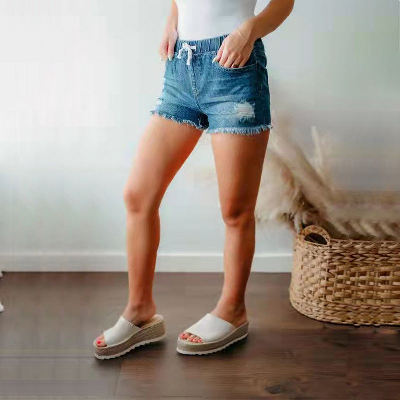 Dame Denim-Shorts med justerbar talje og afslappet frynseafslutning Stilla