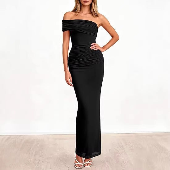 Dame Elegant Maxi Kjole med skuldrene fri design og raffinerede draperinger Skovae