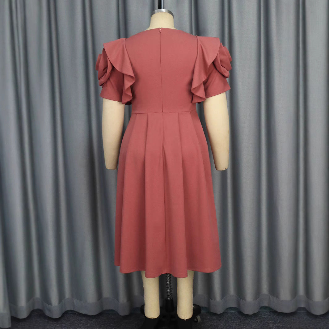 Dame Elegant Midi Kjole med voluminøse Rynkede Ærmer og Glitrende Smykke Detalje Skovae
