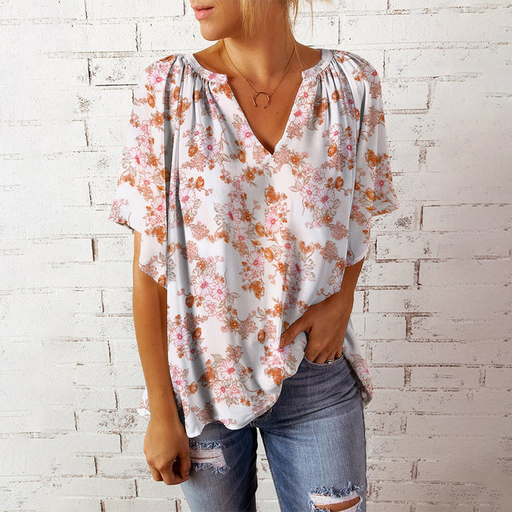 Dame blomster mønster V-hals bluse Stilla