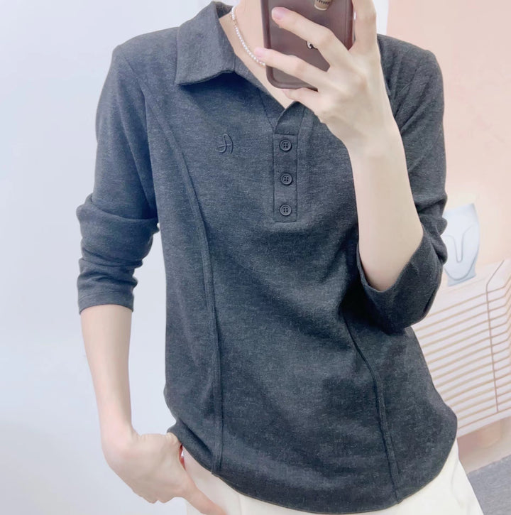 Dame Langærmet Poloshirt med moderne krave og dekorative knapper Stilla