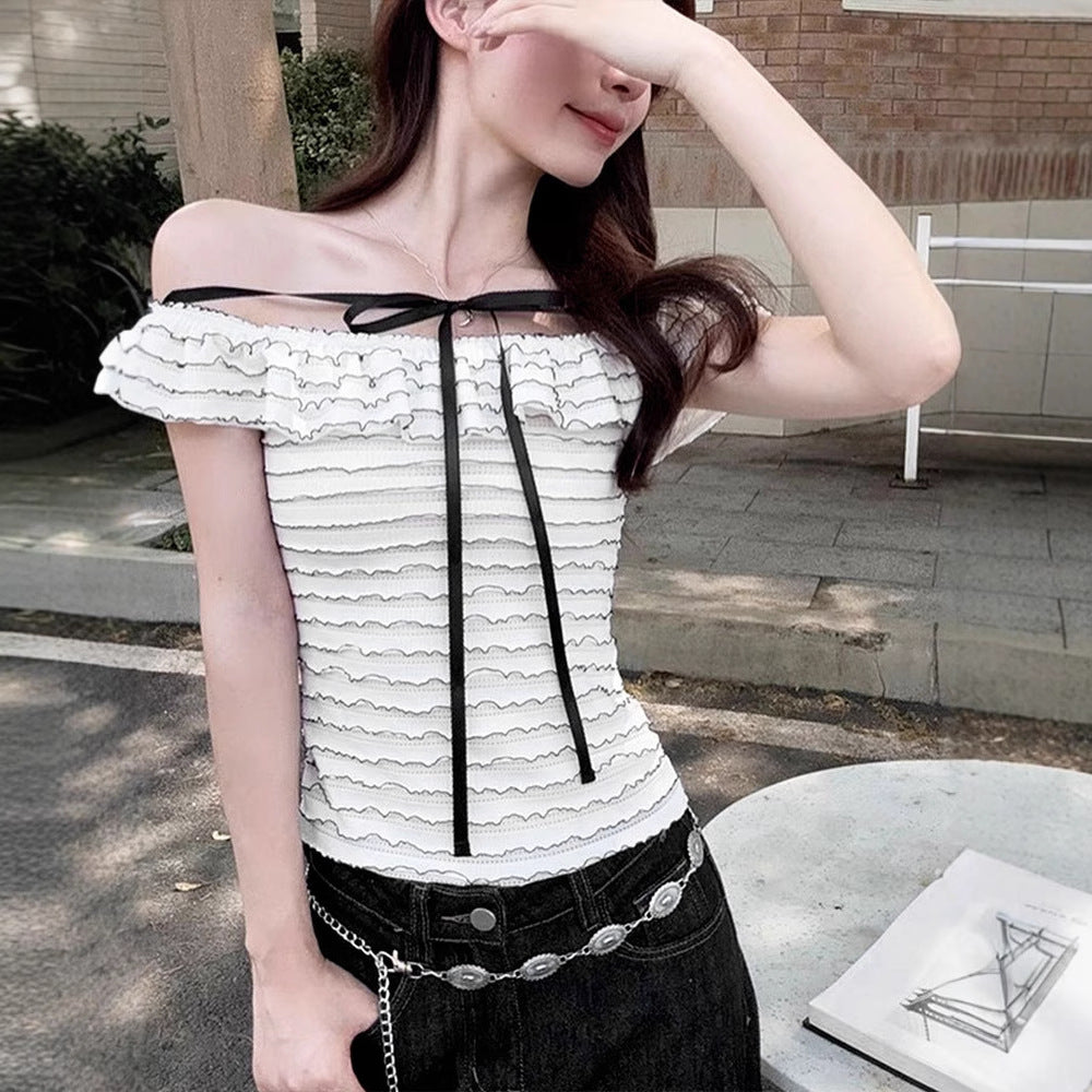 Dame Offshoulder-bluse med elegant bølgemønster Skovae