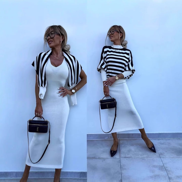 Kvindernes elegante stribede maxi kjole med casual sweater Skovae