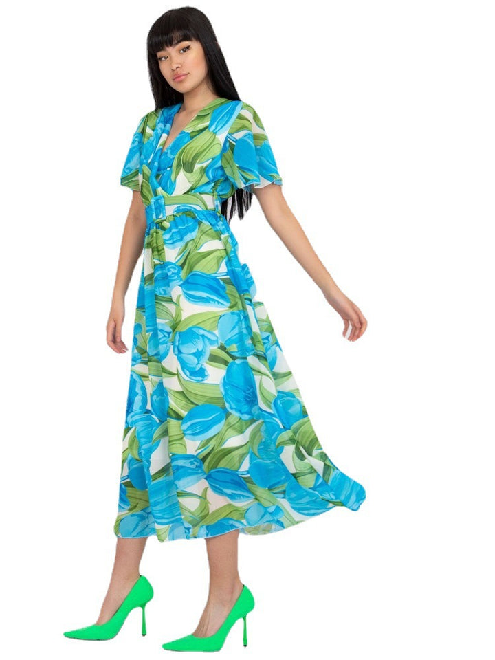 Dame Floralprint Midi Kjole med Bælte Talje Stilla