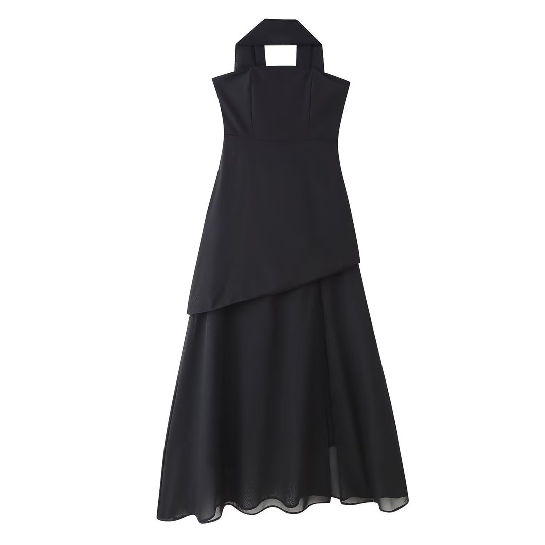 Femme Elegantes Halterneck Maxi Kjole med Draperet Asymmetrisk Kant Stilla