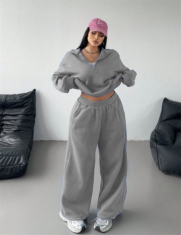 Dame sporty fleece loungewear sæt med høj krave og løs pasform Skovae