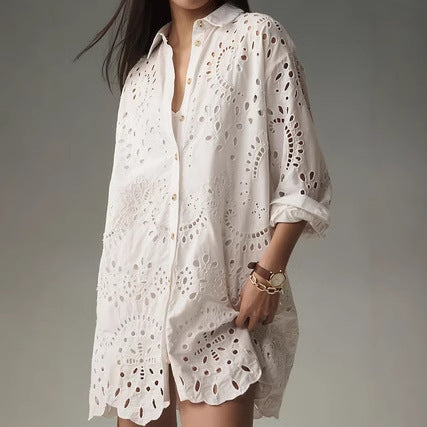 Femme Eyelet Detail Knap-Up Tunika Skjorte Stilla