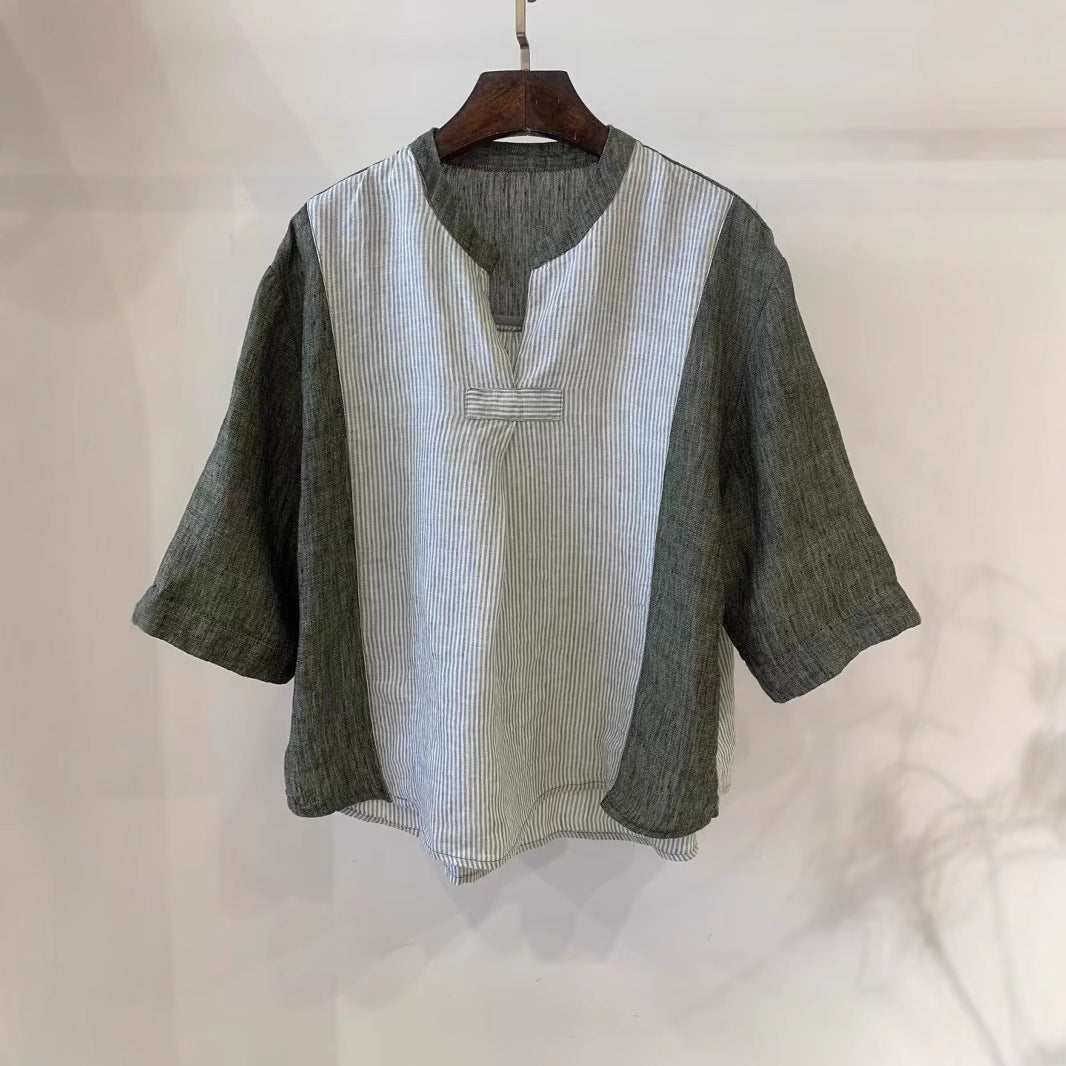 Dame stribet linned blouse med løs pasform og halvlange ærmer Stilla