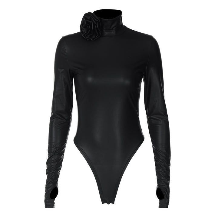 Dame Elegant Langærmet Bodysuit med voluminøst Krave og floral Accent Stilla