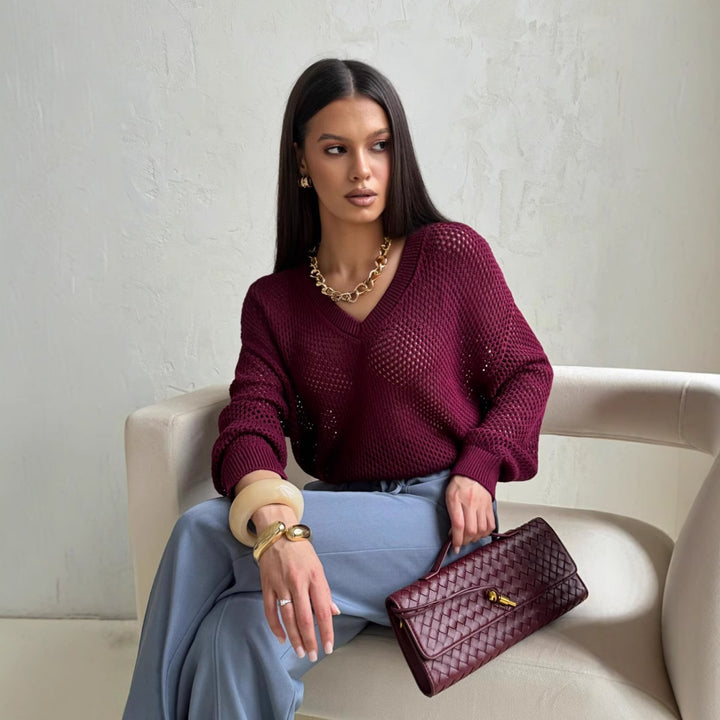 Kvinders strikket sweater med luftig struktur og V-hals Stilla