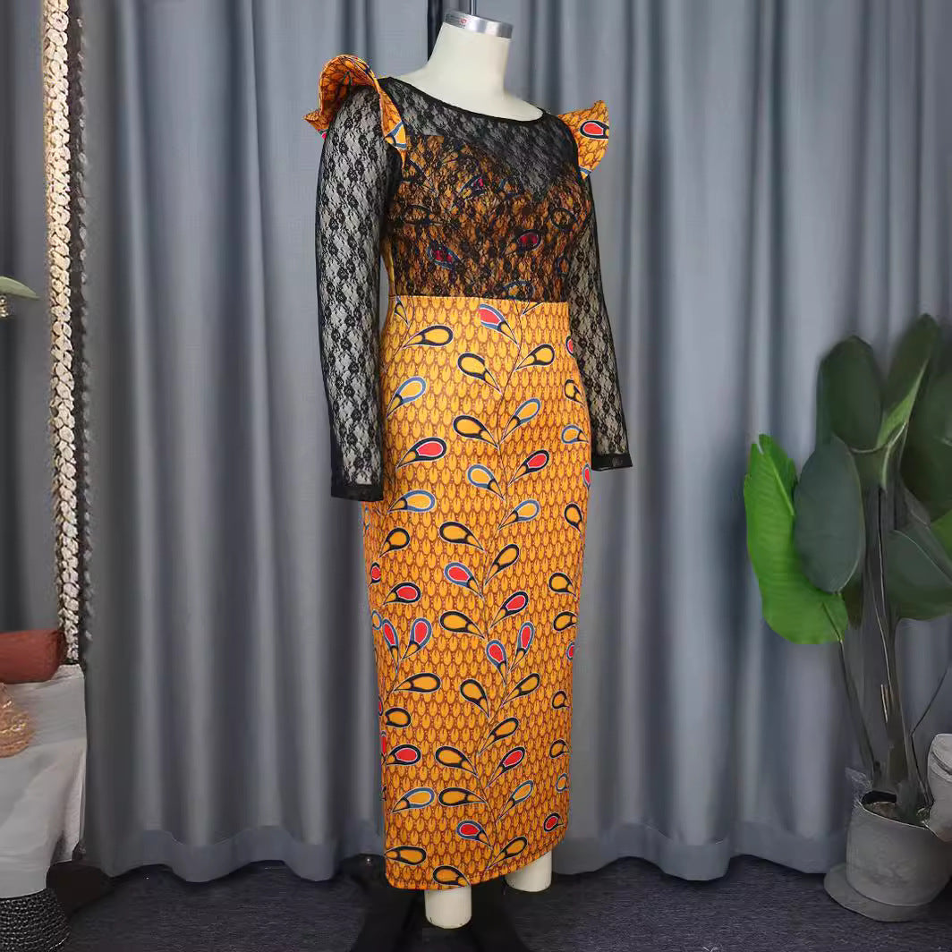 Dame Elegant Langærmet kjole med floral mønster og transparent spidstopføring Skovae