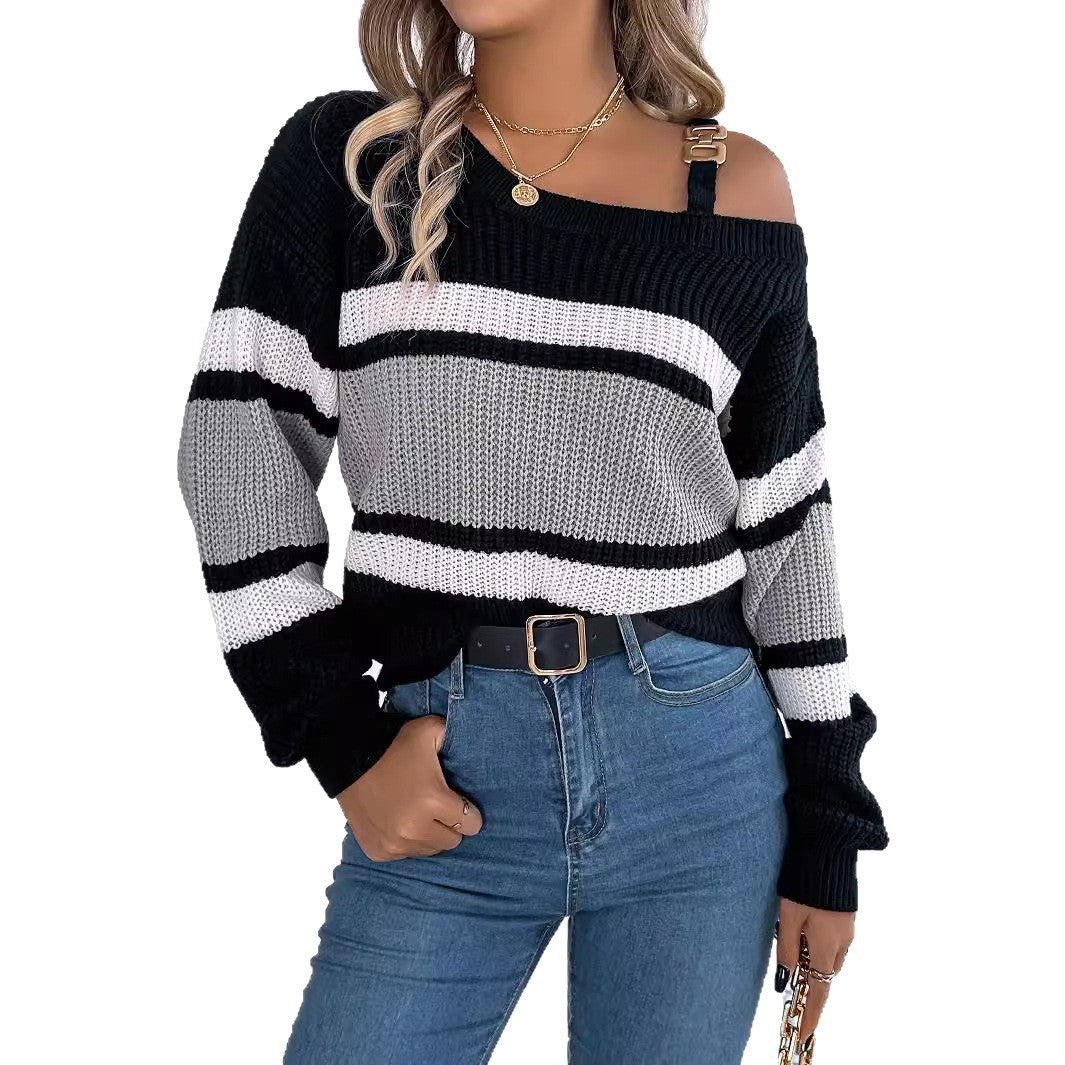 Kvinderne Off-Shoulder Sweater med Stribet Detaljer og Trendy Strop Stilla
