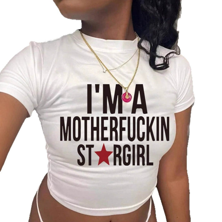 Dame crop top med iøjnefaldende statementtryk Skovae