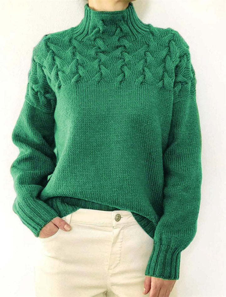 Dame grovstrikket pullover med ståkrave og fletmønster Stilla