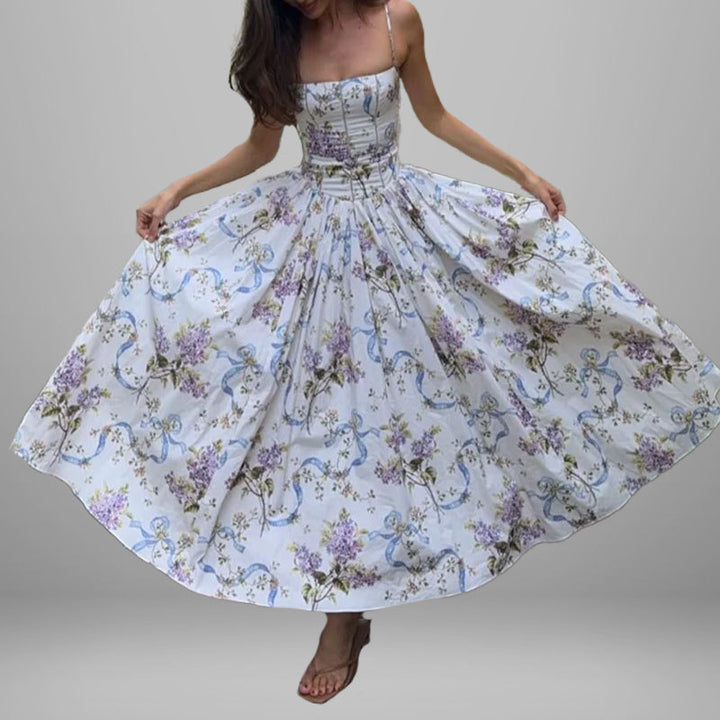 Dame maxi kjole med blomster mønstre og samlet top Stilla