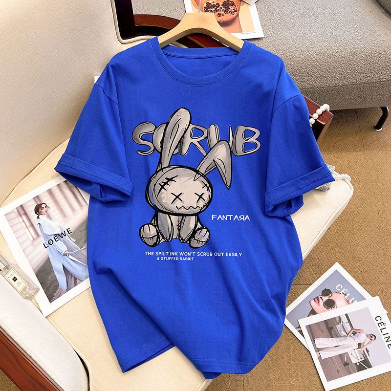 Dame T-shirt med kreativt kaninmotiv og afslappet skrift Stilla