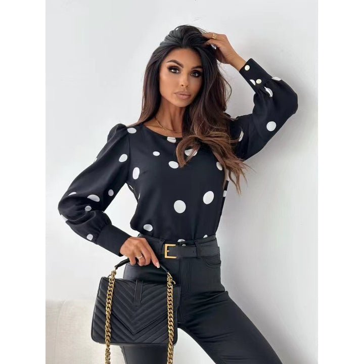 Dame Polka Dot Langærmet Bluse med Knapdetaljer Stilla