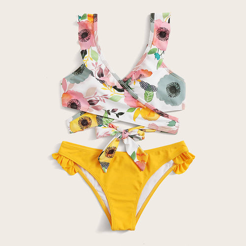 Damer To-delt Blomster-Bikini-Sæt med figursyet top og ruffle trusse Skovae