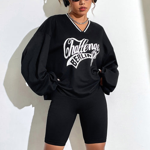 Kvinders afslappede oversized sweatshirt med V-hals og grafisk tryk Stilla