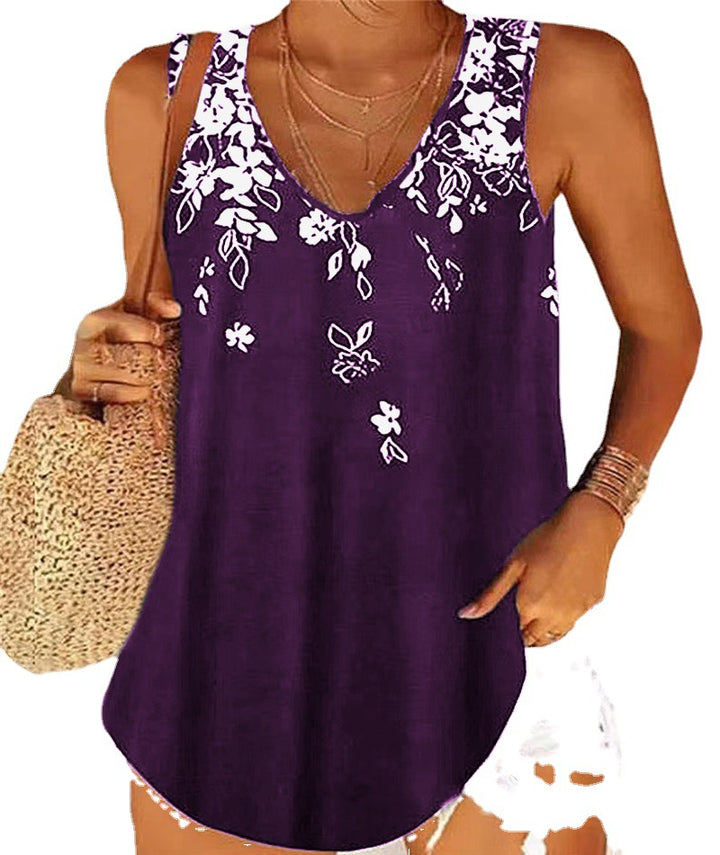 Dame V-hals Blomstertryk Casual Tanktop Stilla