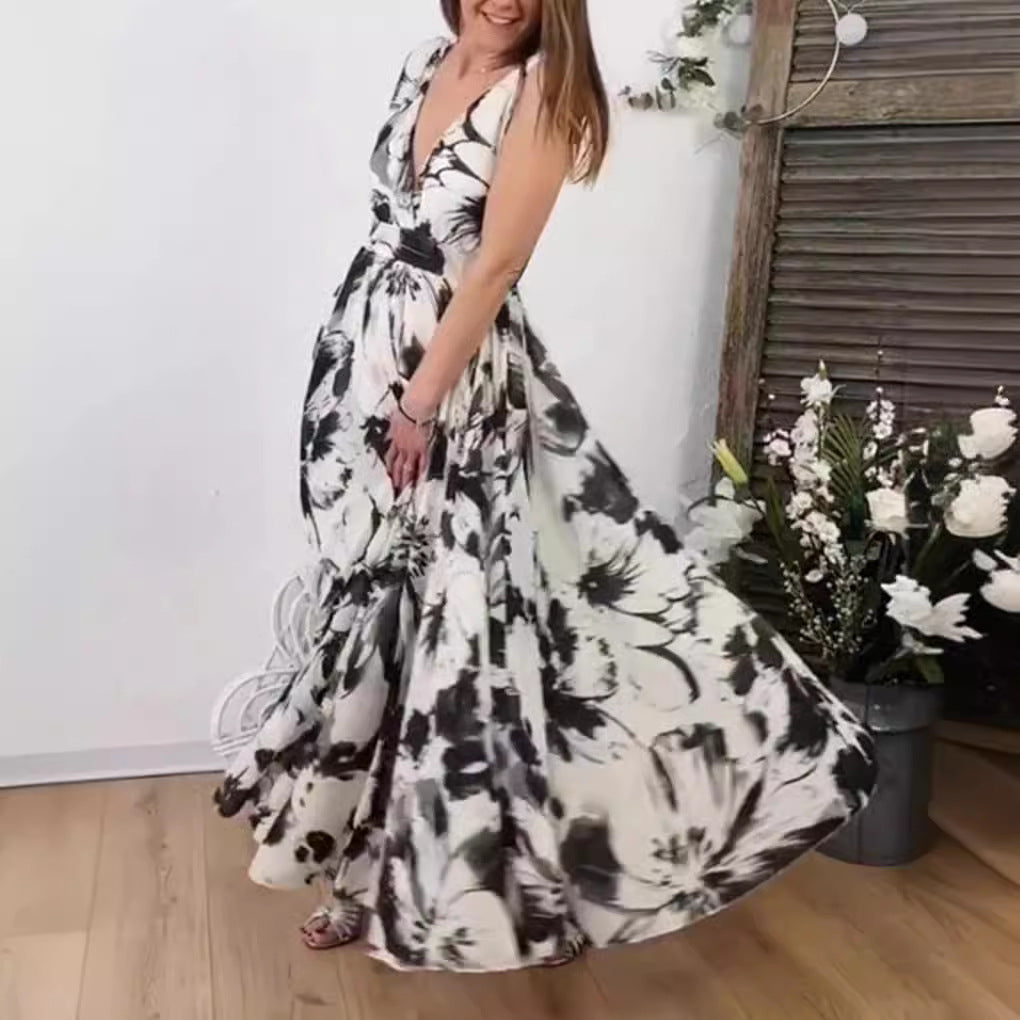 Dame Maxikjole med voluminøst skørt og dyb V-udskæring Stilla