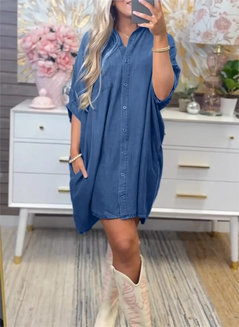 Dame Størrelse Denim-Sk Shirt kjole med praktiske lommer og afslappet snit Stilla